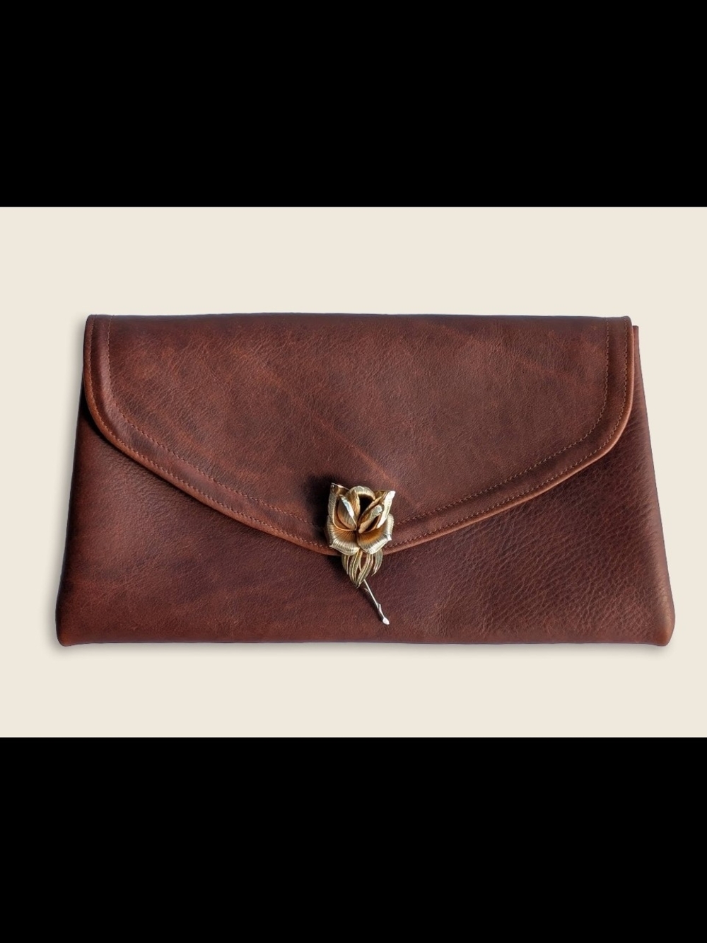Brown Leather Clutch with Vintage Gold Rose Brooch